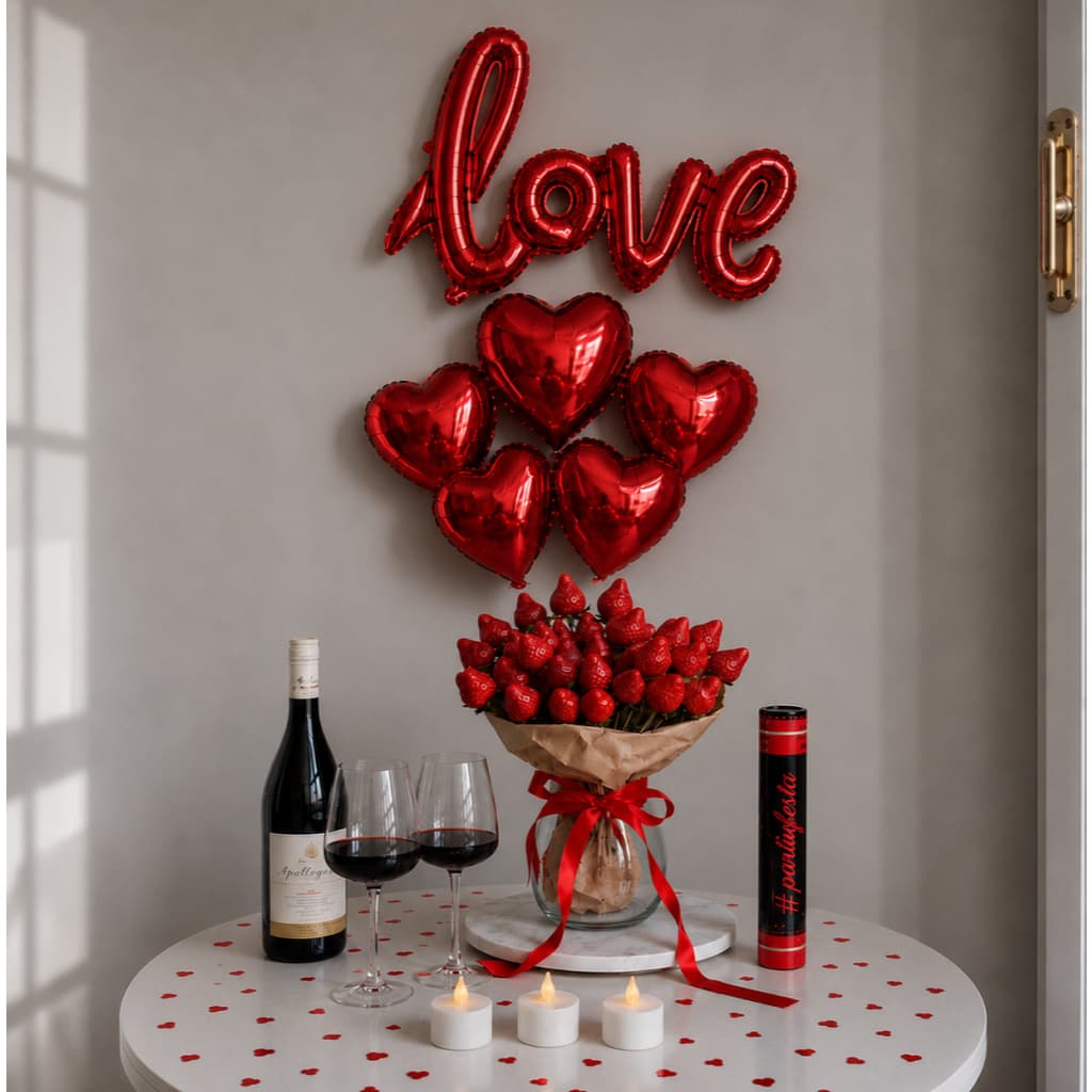 Kit Decoração Romântica Buquê Balão Love Vermelho Surpresa Casamento Noivado