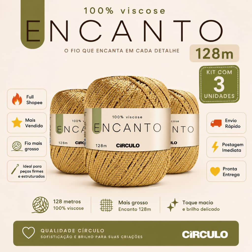 Linha Fio Encanto Ouro Para Croche 128m Circulo 100% Viscose Kit-c 3 und
