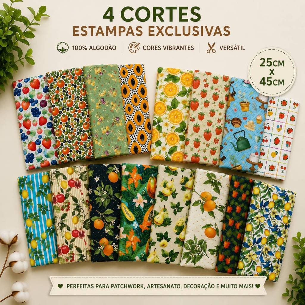 Tecido Tricoline Kit 4 unidades de 25 cm x 45 cm 100% algodão cozinha frutas galinha galo flores retalhos