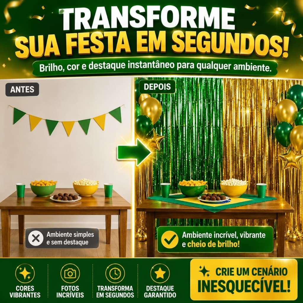 Cortina Metalizada Verde e Dourada 1x2m Franja Decorativa Painel Festa Aniversário Fundo Fotos