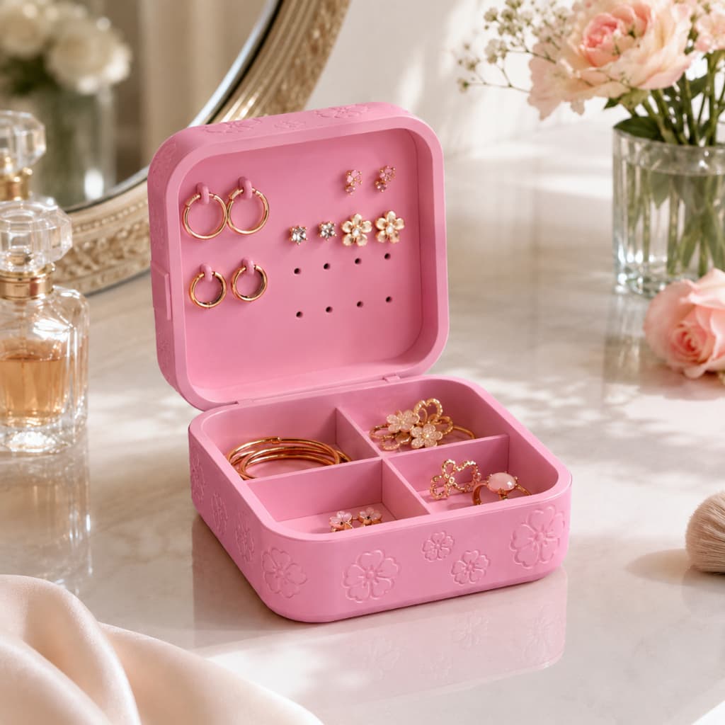Porta Joias Rosa Compacto Florido Organizador De Brincos Anéis Pulseiras Bijuterias