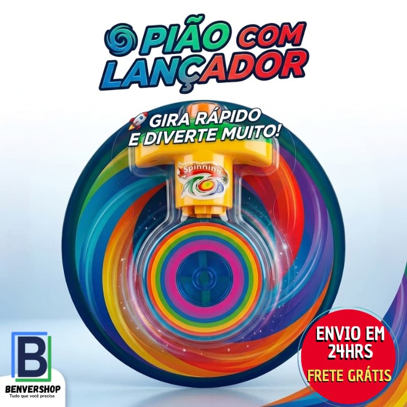 Pião com Lançador Infantil Brinquedo Educativo Colorido Giratório Diversão para Crianças