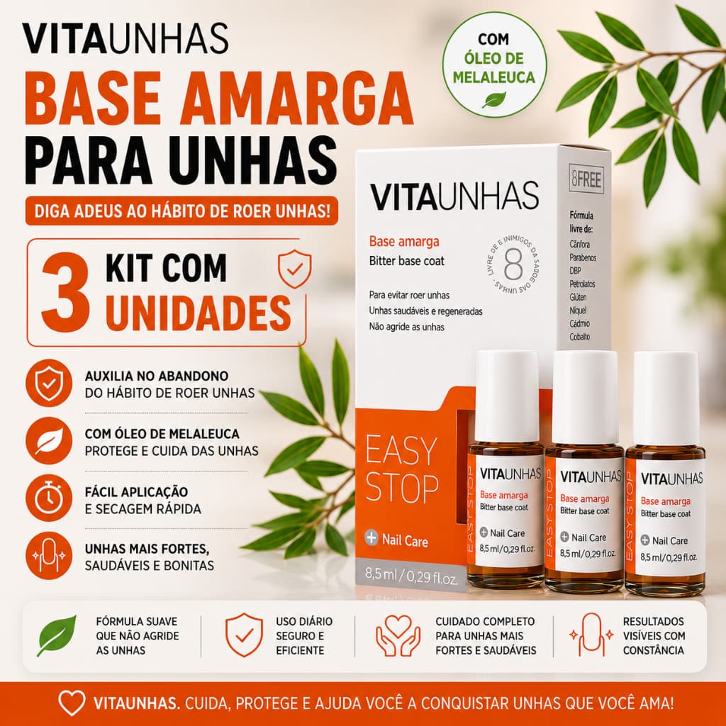 Kit 3 Base Amarga Vitaunhas Easy Stop Parar De Roer Unhas Óleo De Melaleuca Anti Onicofagia 8,5ml