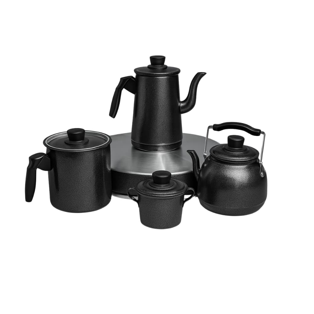 Jogo de Café com leiteira, açucareiro, chaleira e Bule- kit 5 peças kit cozinha inox beleza bandeja