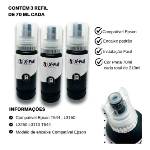 kit 3 refil tinta PRETA xfull para uso em epson t504 t544 L3250 L3210 L3110 L4150 L4160 L6161 L6191 L6171