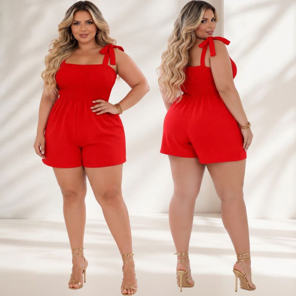 Macaquinho Plus Size Feminino Casual Versátil Moda Verão Busto Lastex Franzido Alça Larga de Amarrar Soltinho Chic..