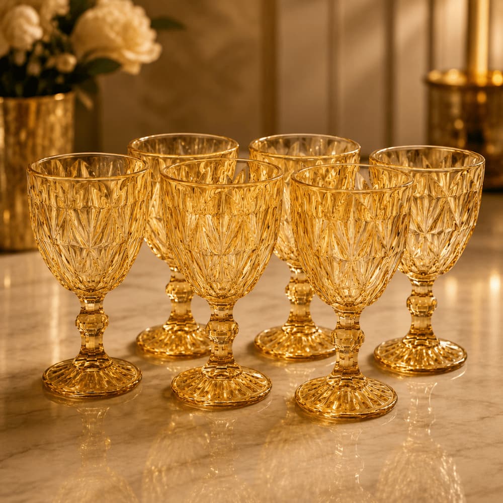 Jogo 6 Taças Vidro Diamond Gold 325ml Dourada Para Vinho Água Suco Drinks Mesa Posta Luxo Conjunto