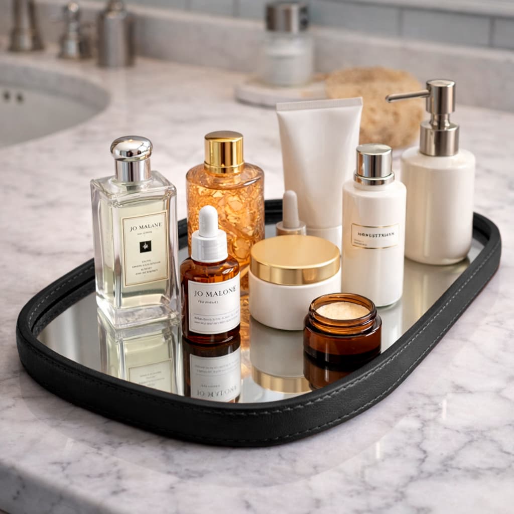 Bandeja Decorativa Espelho Banheiro Redondo Oval Orgânico Couro Mesa Sala Lavabo