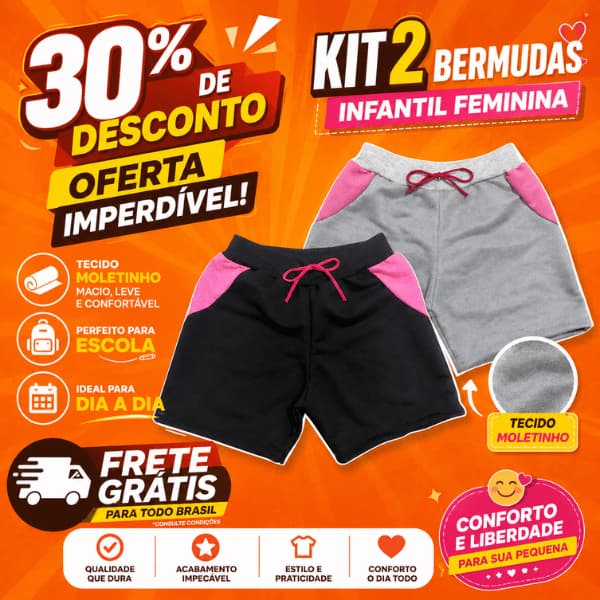 Kit 2 Shorts Moletinho Menina Escola Bermuda Infantil Dia a Dia Juvenil