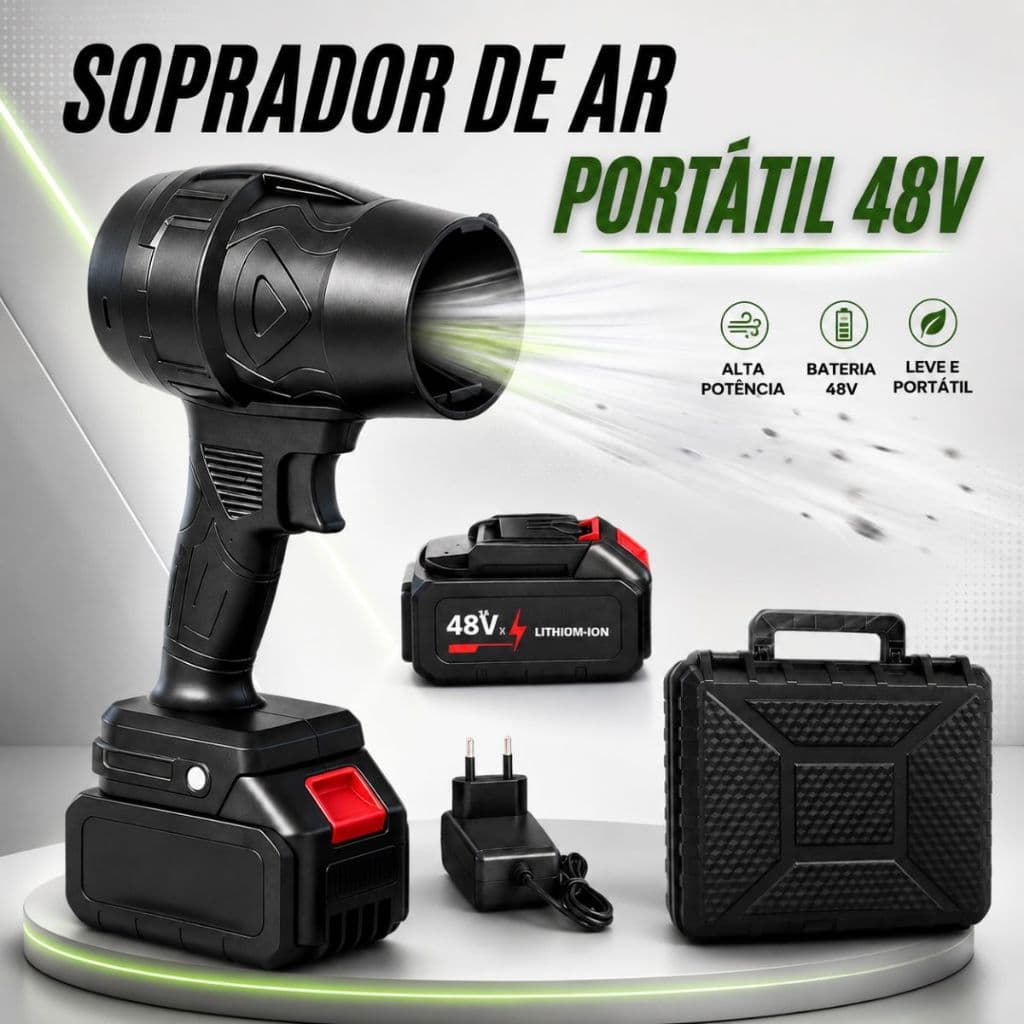 Soprador De Ar Turbo Portátil 2 Baterias 48V Bivolt Secador Automotivo Limpeza Churrasqueira Maleta