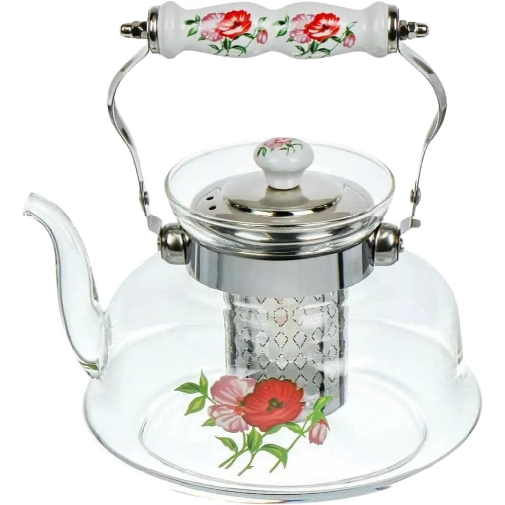 Chaleira de Vidro Borossilicato Vai ao Fogo 1L Estampada de Flores com Infusor Alça Cerâmica Floral