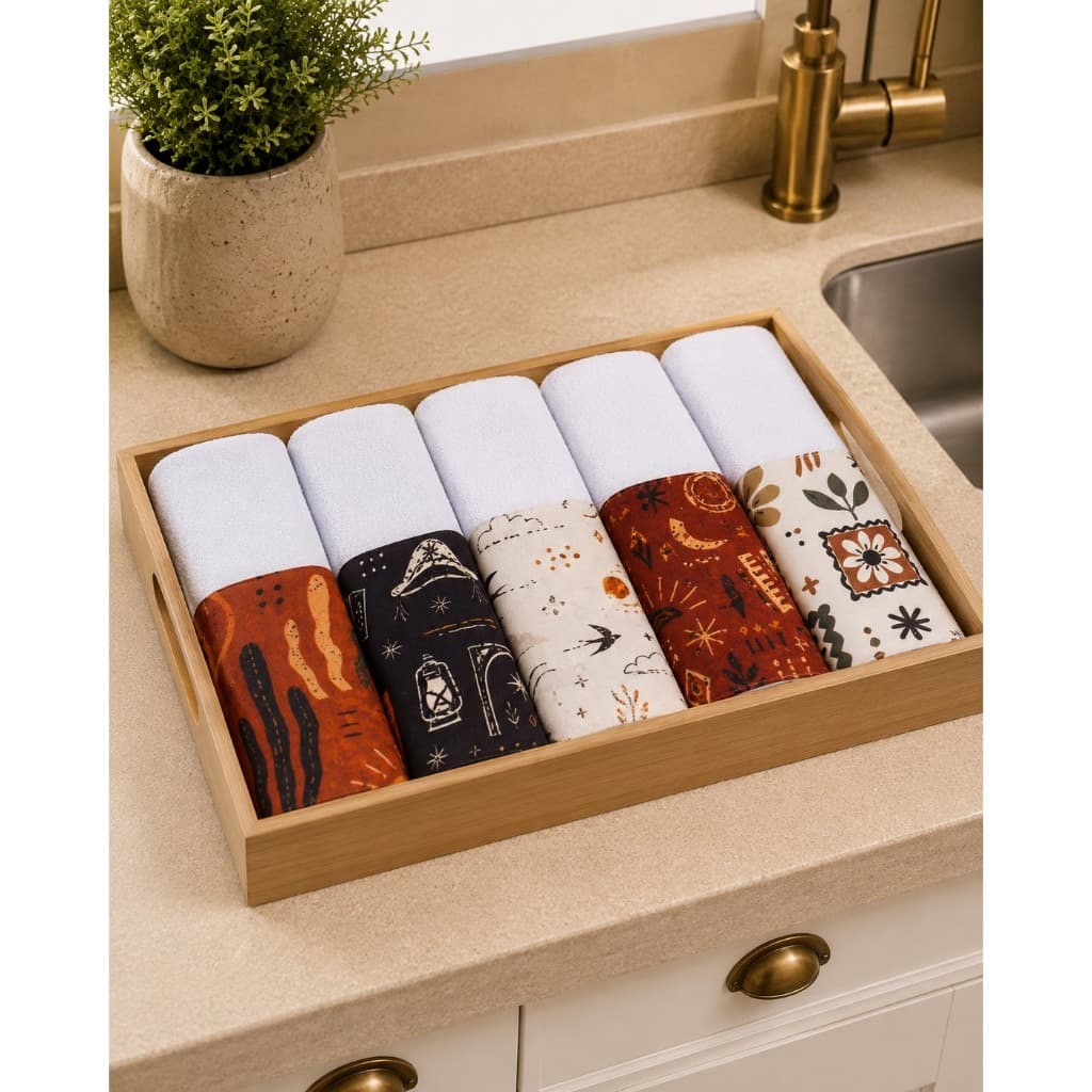 Kit Panos de Prato Premium Absorventes 100% Algodão 5 Unidades | Com Saquinho Presenteável