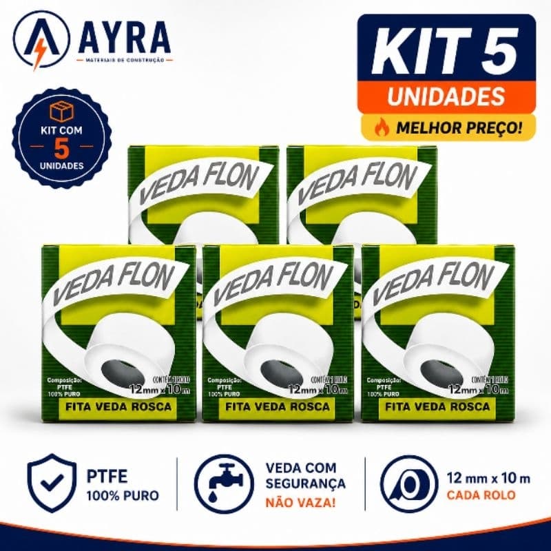 Kit 5 Fita Veda Rosca Teflon PTFE 100% Puro 12mm x 10m Vedaflon Hidráulica Encanamento