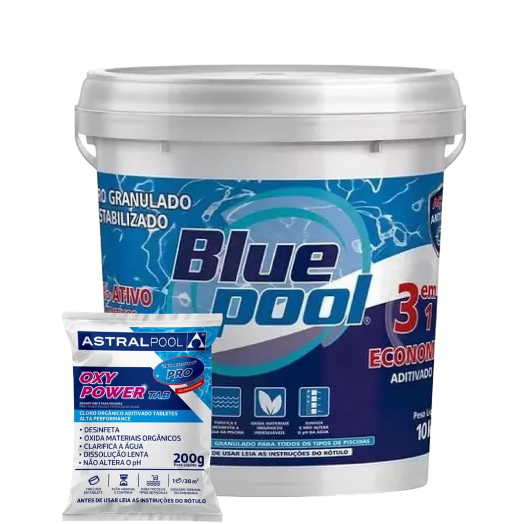 Cloro para Piscina Bluepool Balde 10Kg By Fluidra 3 em 1 + 01 Tablete de Cloro 200g Astral Pool