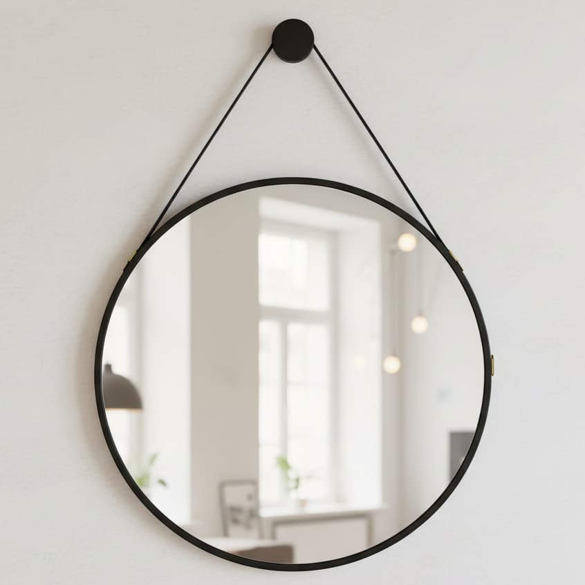 Espelho Adnet Redondo 60x60 Decorativo com Moldura em Couro Moderno Luxo