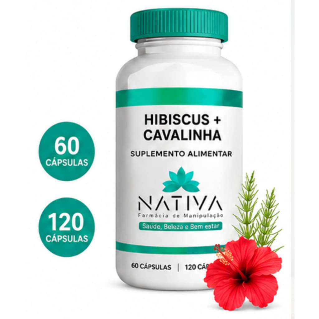 Hibiscus Com Cavalinha 500mg - 60 e 120 Cápsulas Suplemento Natural