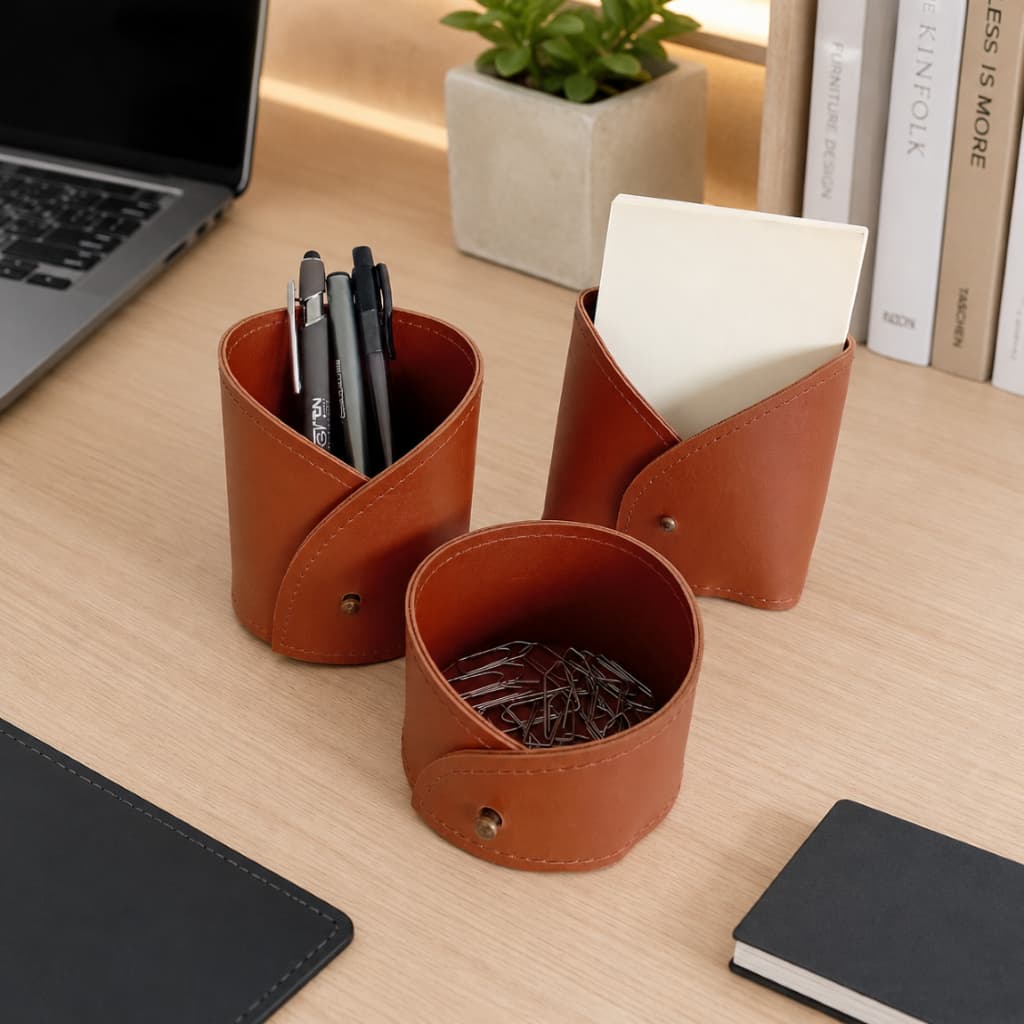 Kit Organizador de Mesa Premium em Couro Ecológico Porta Canetas + Porta Clips + Porta Bloco