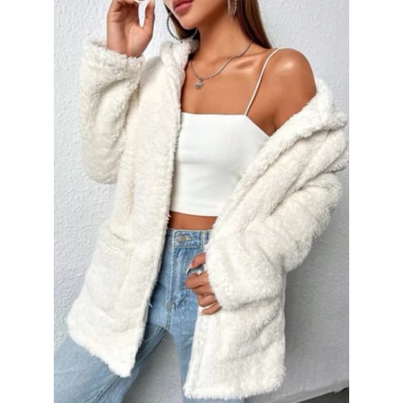 casaco teddy feminino com capuz e bolsos jaqueta peluciada feminina quentinha casual inverno casaco feminino pelúcia por