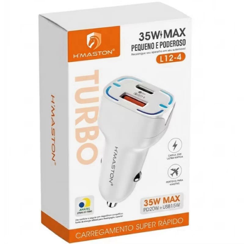 Carregador Veicular H’Maston 35W Turbo | USB QC 3.0 + USB-C PD | Carregamento Rápido Universal