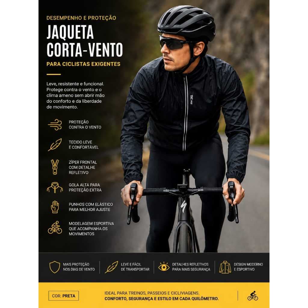 Jaqueta Corta-Vento Ciclismo Premium Preta com Zíper Refletivo
