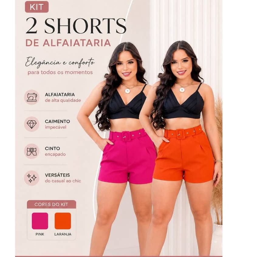 Kit 2 Short Feminino Alfaiataria Cintura Alta Cinto Short Social Moda Feminina Elegante Look Casual Chic Tendencia Moda