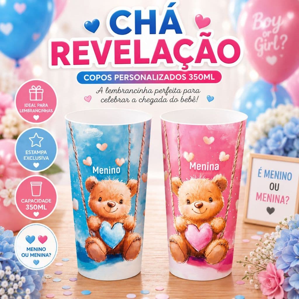 Kit de Lembrancinhas Chá Revelação Copo de 350 ml Personalizado Menina Menino Azul Rosa de Ursinho