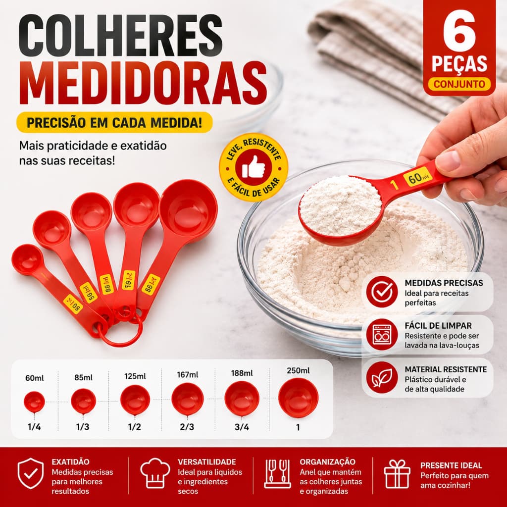 Conjunto de xicaras kit Colheres De Medida 6 Peças medida - 250ml,188ml,167ml,125ml,85ml,60ml