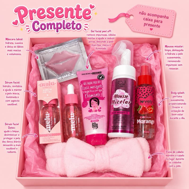 Kit Beleza Infantil Completo Menina Melu Sérum Facial Máscara Labial Mousse Micelar Tiara Spa Body Splash Presente