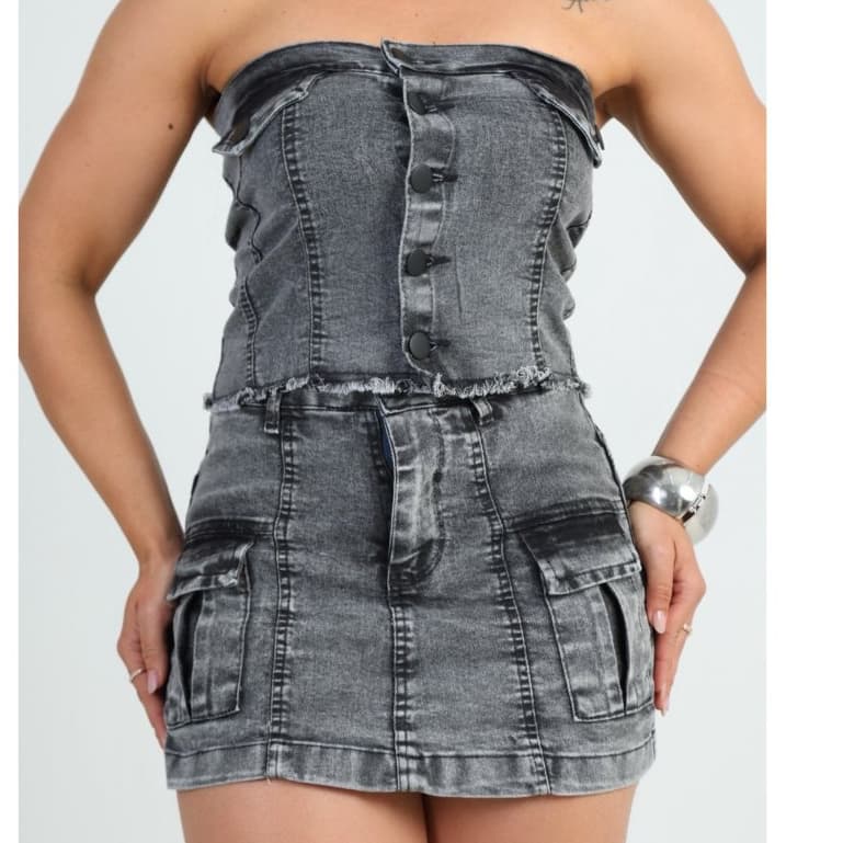 Conjunto Jeans Feminino Modelador Cropped e Short Saia Empina Bumbum Cintura Alta Com Elastano