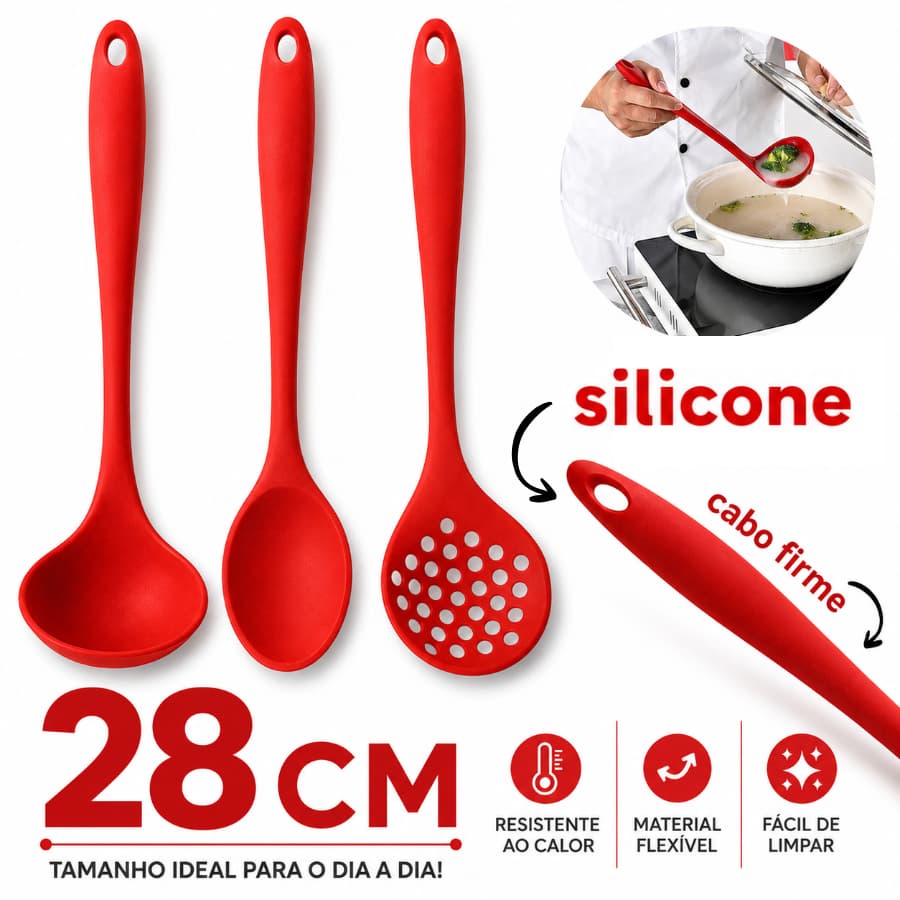 Kit 3 Utensilios De Silicone Colher Concha Escumadeira Resistente Cozinha Resistentes ao Calor