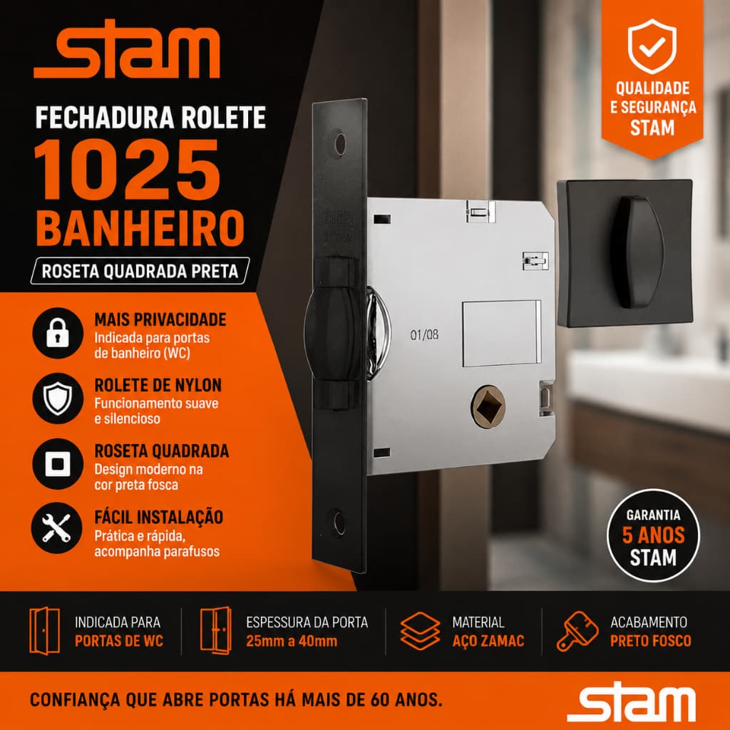 Fechadura Rolete 1025 Banheiro Roseta Quadrada Preta Wc Stam