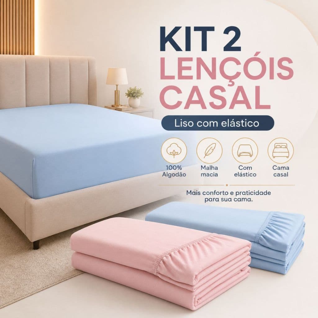 Kit 2 Lençol Casal 100% Algodão Com Elástico Roupa De Cama Adulto Liso De Malha Macia