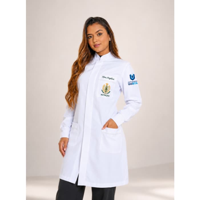 Jaleco Feminino Bordado Personalizado Acinturado Branco Gola Padre, Profissional para Saúde Estética