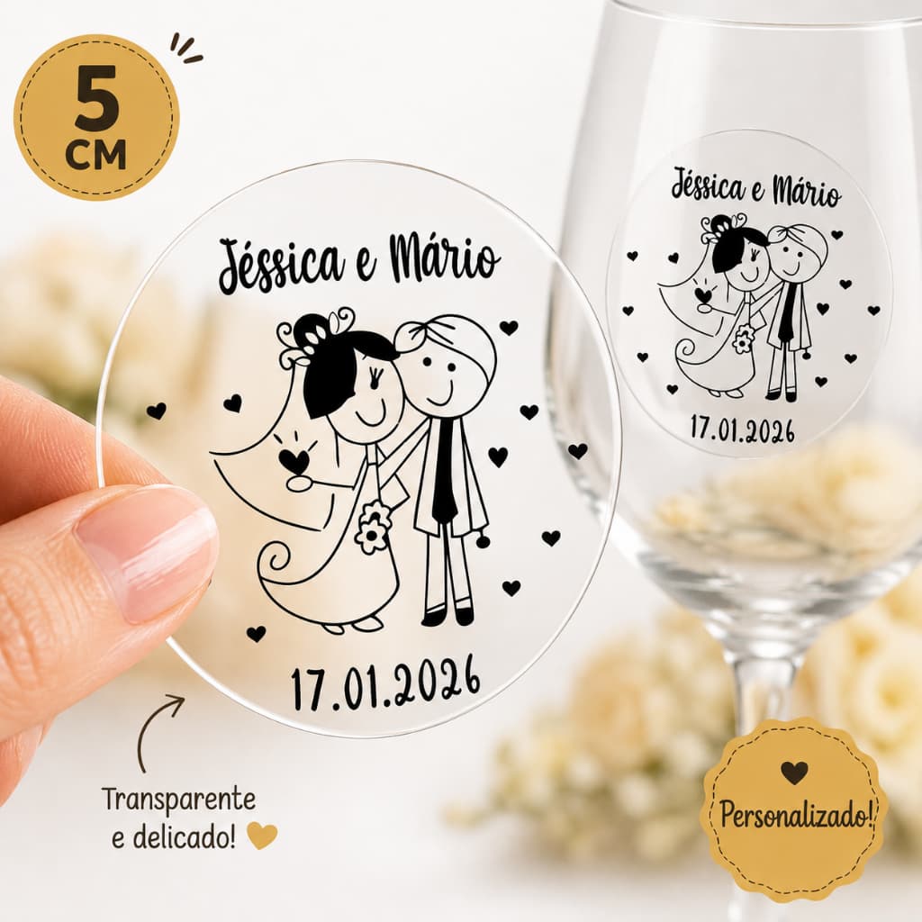 Adesivo Noivinhos Transparente 5cm | Personalizado Casamento Noivado Lembrancinha Rótuloo