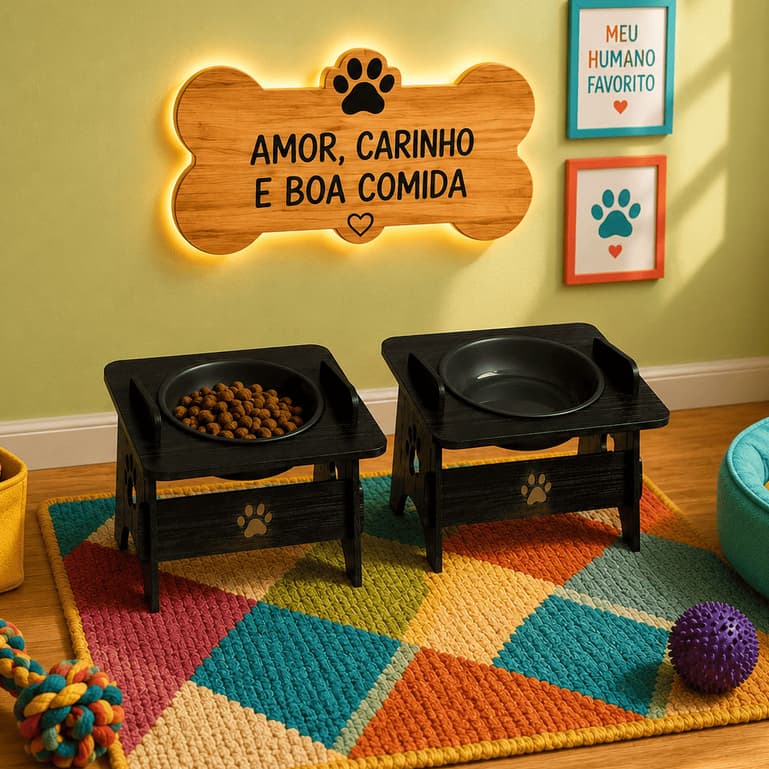 Tigela Para Ração e Agua Comedouro Preto Marrom  Cães e Gatos Porte Pequeno MDF
