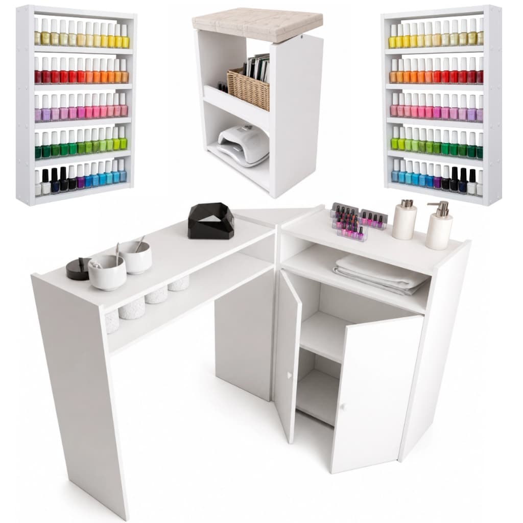 Mesa Manicure Em L Com 2 Portas Completa Grande + 2 Esmalteira Média + Apoio Para Pés Pedicure
