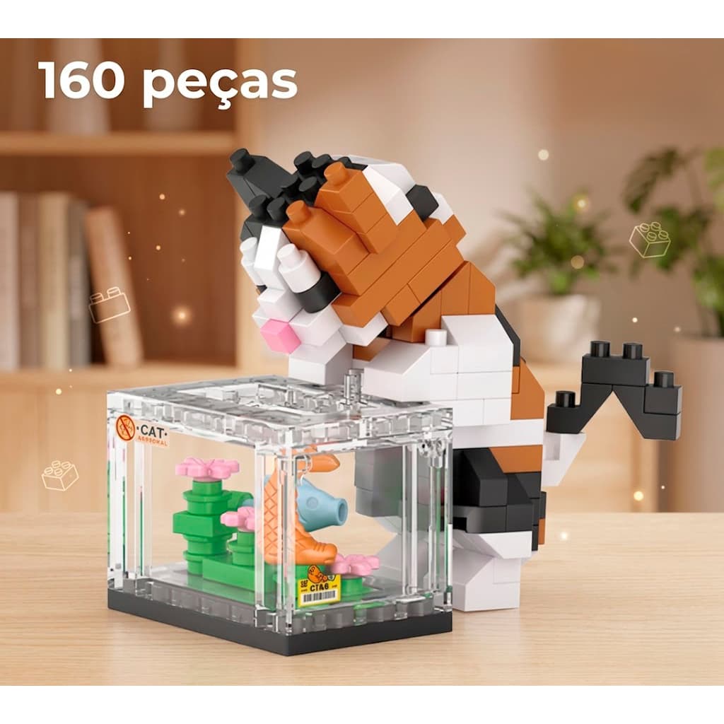 Blocos De Montar Gato No Aquário Colecionável Mini 160 Peças para decoração geek