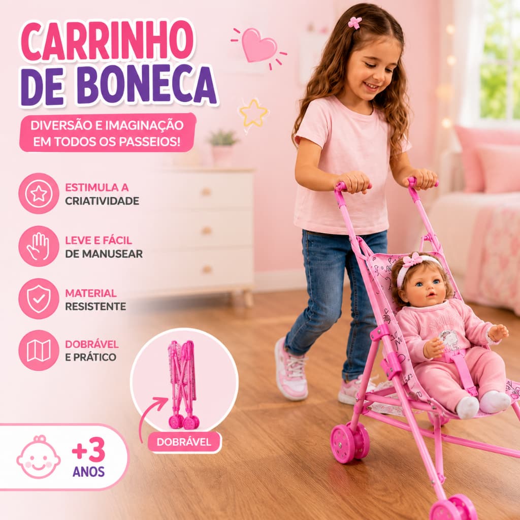 Carrinho Boneca Infantil Portátil Dobrável Brinquedo Educativo Criança