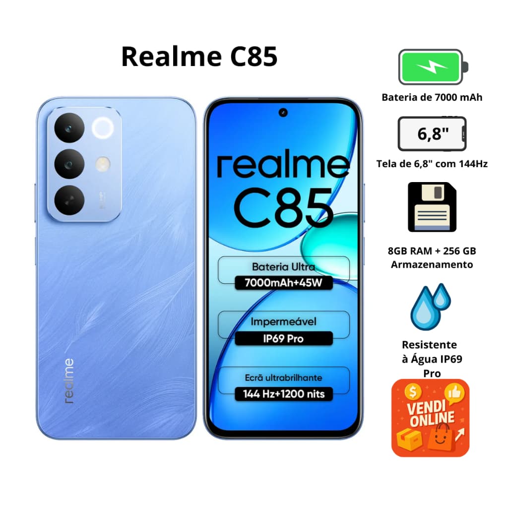Smartphone Realme C85 NFC | Snapdragon 685 | Tela 6.8" 144Hz | Câmera 50MP | Bateria 7000mAh | Carregamento 45W