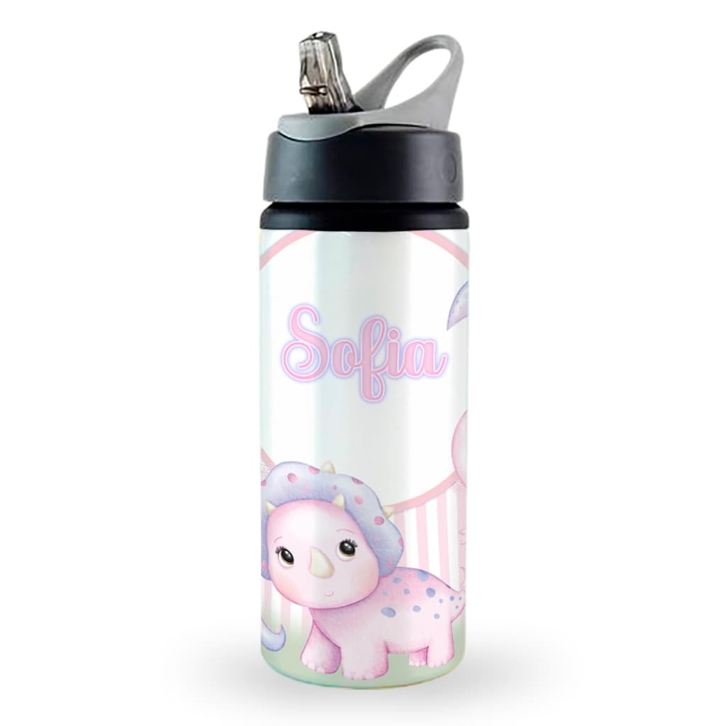 Garrafa squeeze escolar alumínio Dinossauro Menina personalizada com nome