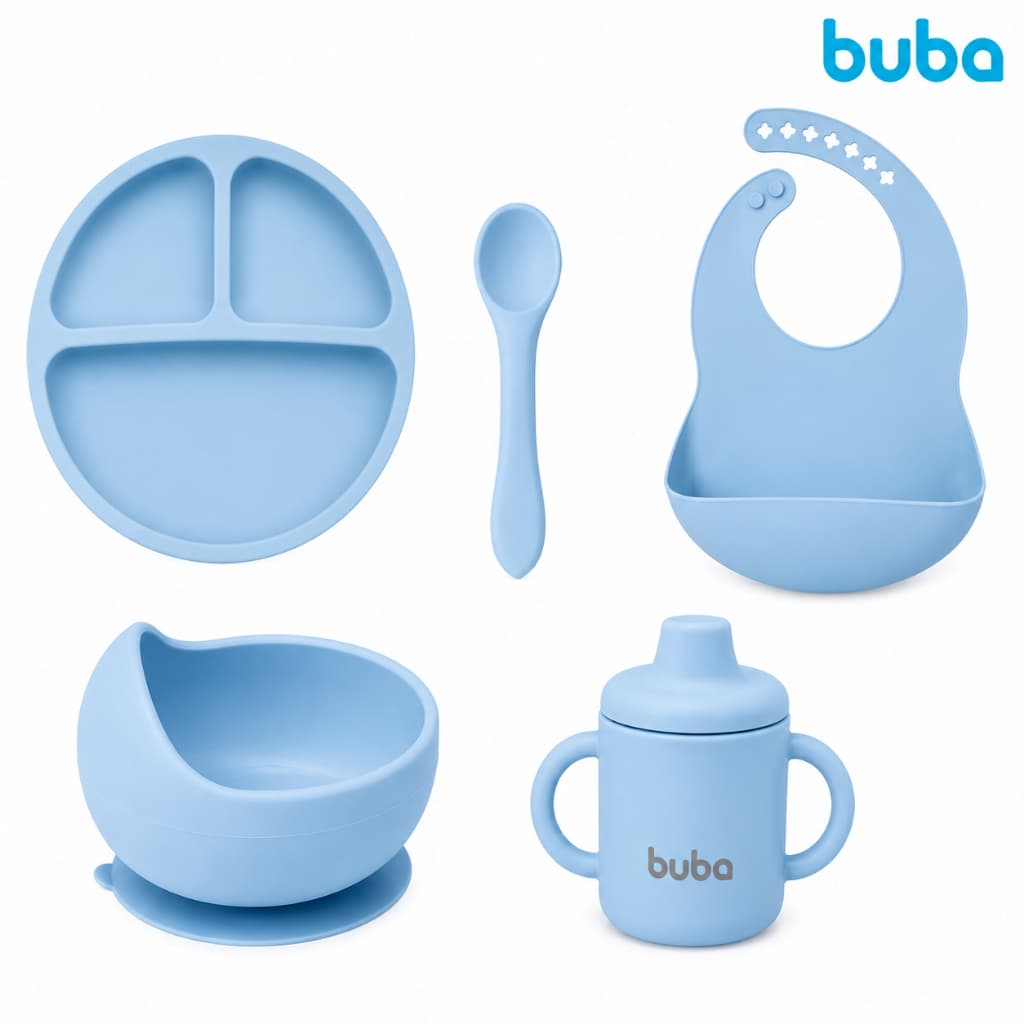 Kit Alimentação Bebê Buba 5 pçs em Silicone | Prato, Babador, Copo Transição, Bowl, Colher