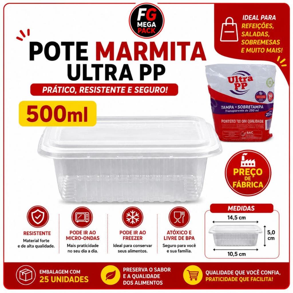 Pote Retangular Marmita Fit Ultra para Delivery e Freezer Resistente BPA Free Tampa Segura Multiuso