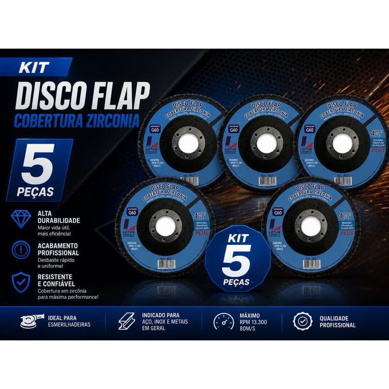 Kit 5 Discos Flap Zircônia 4.1/2 Lotus Grão 60 Para Esmerilhadeira
