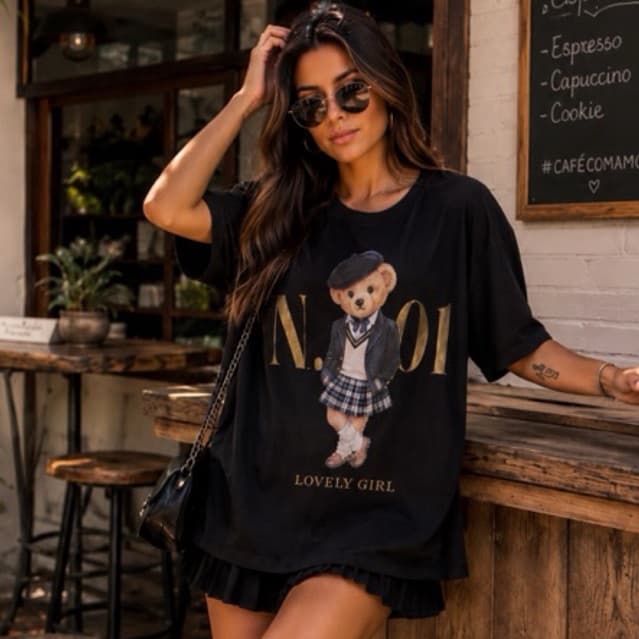 Camiseta Feminina Oversized Teddy Bear N.01 Lovely Girl Estampada Premium Moda Blogueira