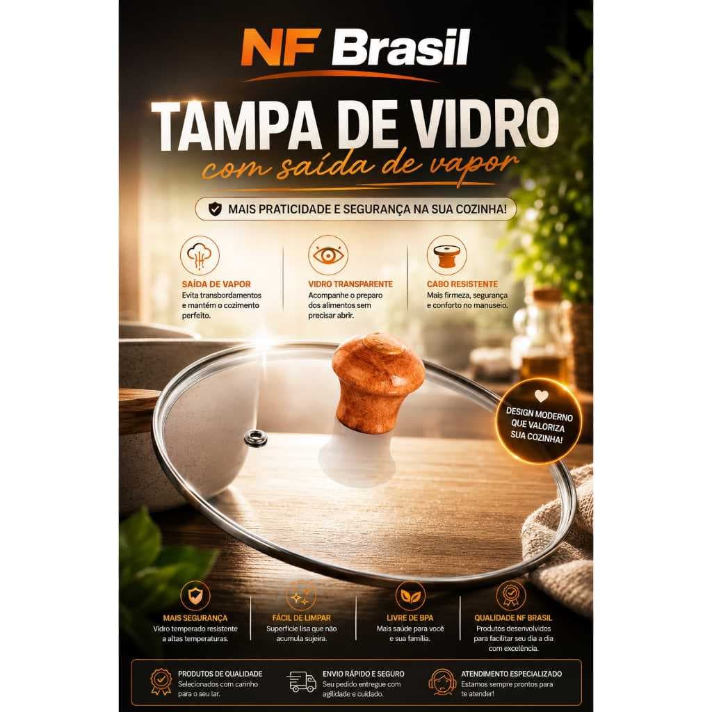 Tampa Avulsa De Vidro Temperado 24/25 Cm Pomel de Madeira Para Panela