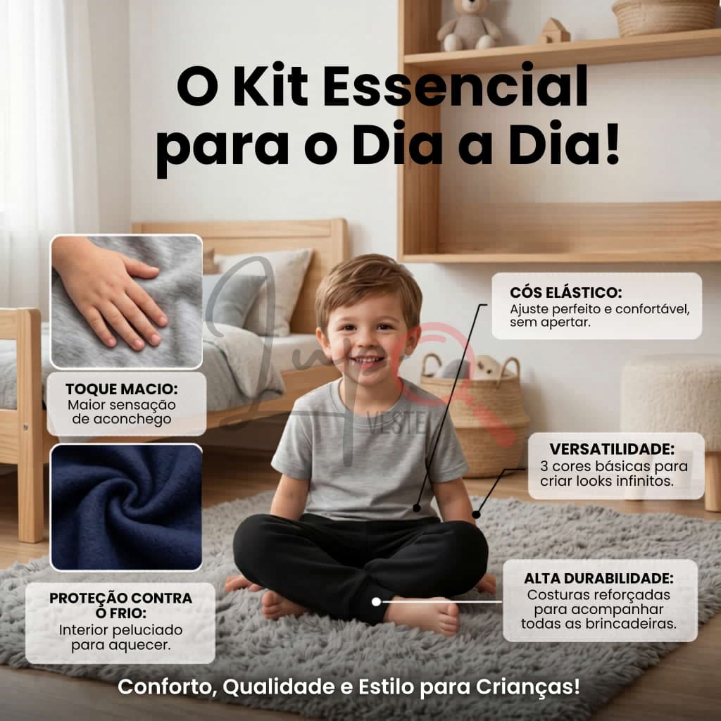 Kit 3 Calças Moletom Infantil Grosso Inverno Peluciada Unissex Juvenil Menino Menina Punho