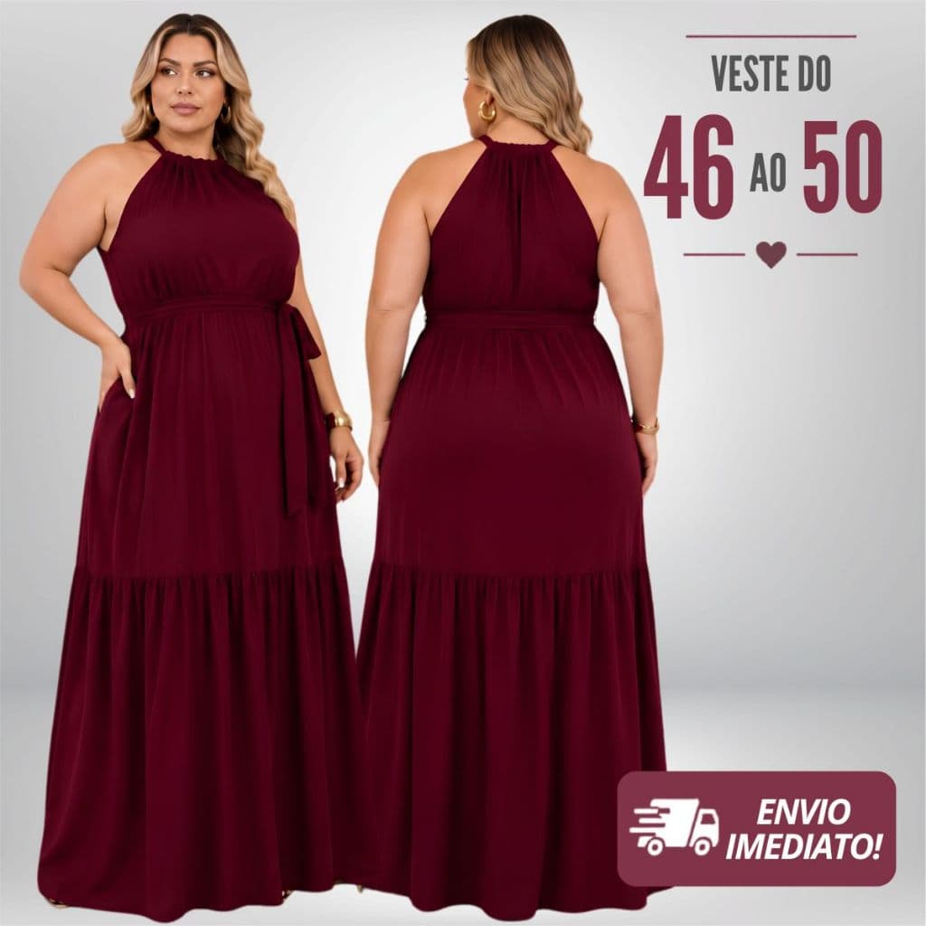 Vestido Longo Plus Size Feminino Gola Alta Elegante Soltinho Casual 46 ao 50