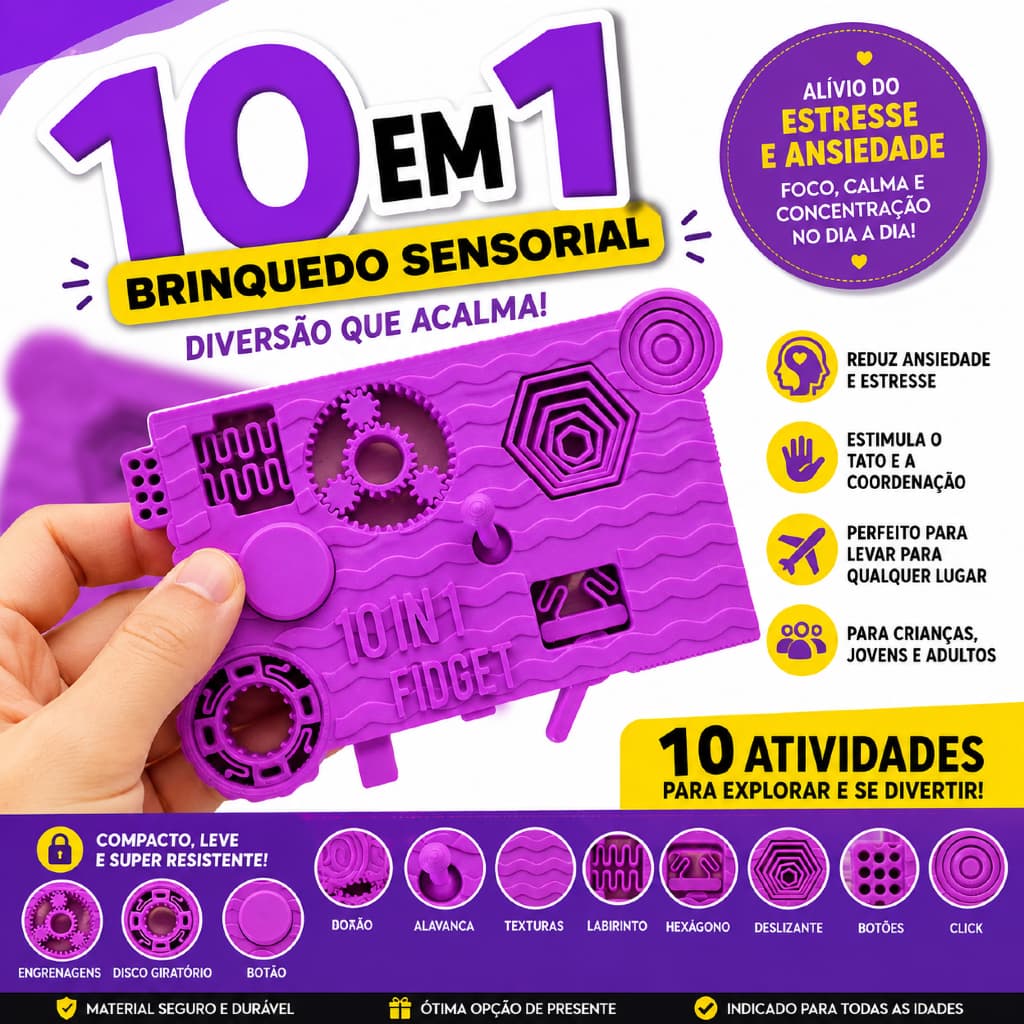 Brinquedo Sensorial Fidget Toy 10 em 1 Antiestresse | Alívio da Ansiedade | TDAH | Autismo | Infantil e Adulto