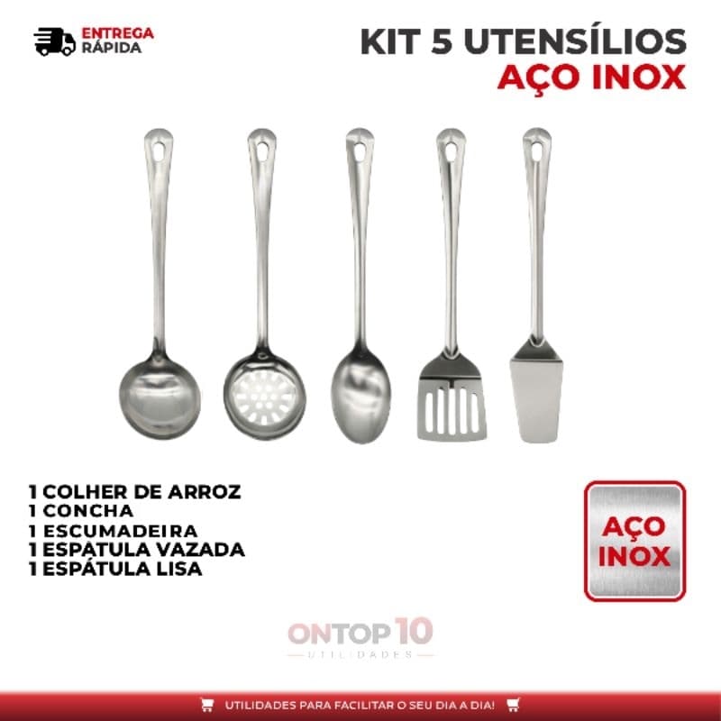 CONCHA, COLHER ARROZ, ESCUMADEIRA, ESPATULA LISA, ESPATULA VAZADA - KIT 5 UTENSÍLIOS