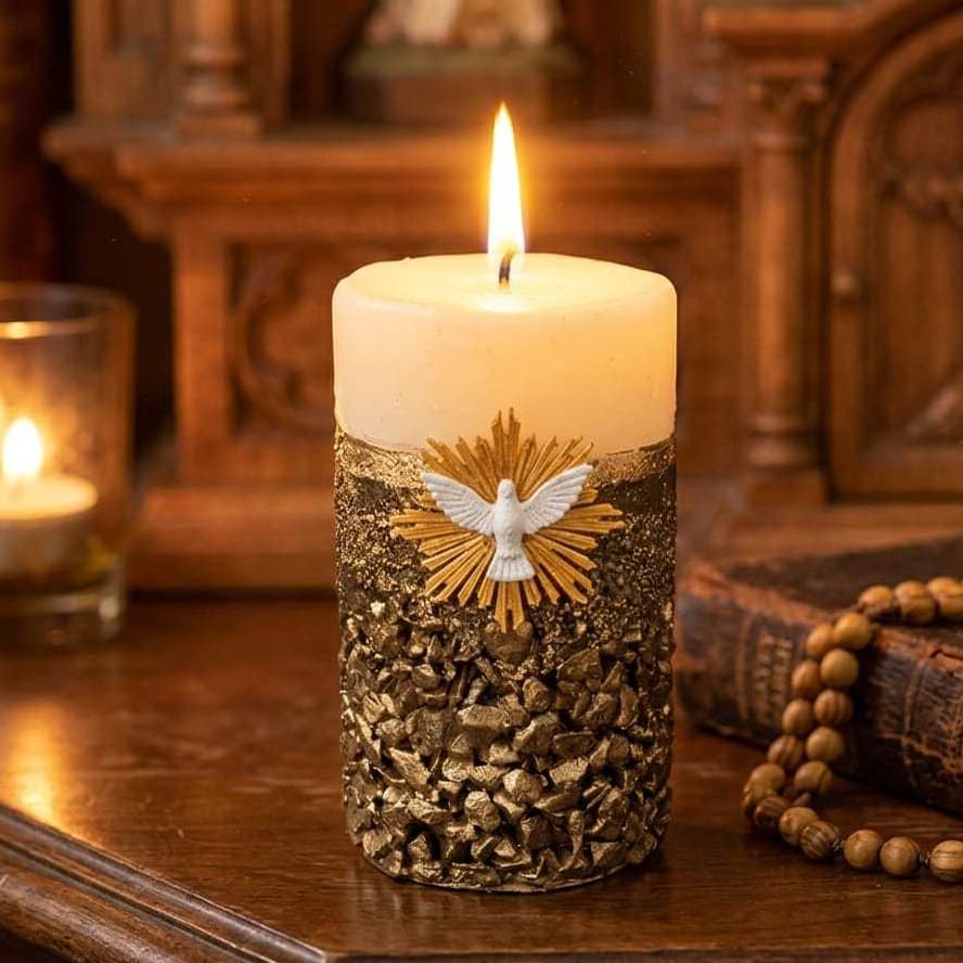 Vela Aromática Divino Espírito Santo com Pedra Dolomita | Artesanal I Presente | Fé e Proteção